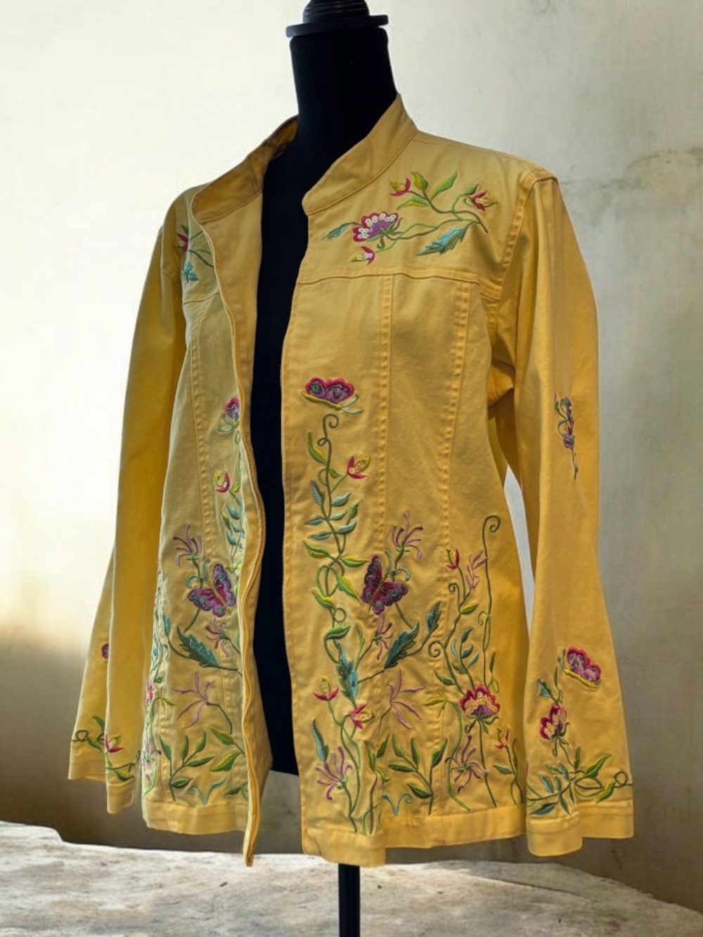 Quacker Factory Yellow Embroidered Floral Jean Jacket